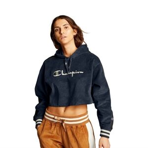 Champion Womens Reverse Weave Corduroy Cropped Hoodie Navy Size S